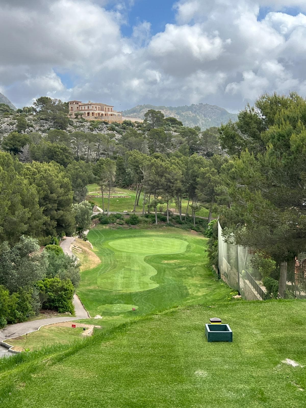 Elevated tee shot on hole 15, Hello Mrs Robinson, at Golf de Andratx