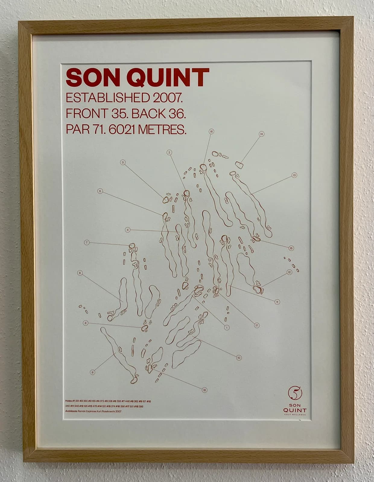 Banskiss över golfbanan Son Quint på Mallorca som visar dragningen för alla 18 hål